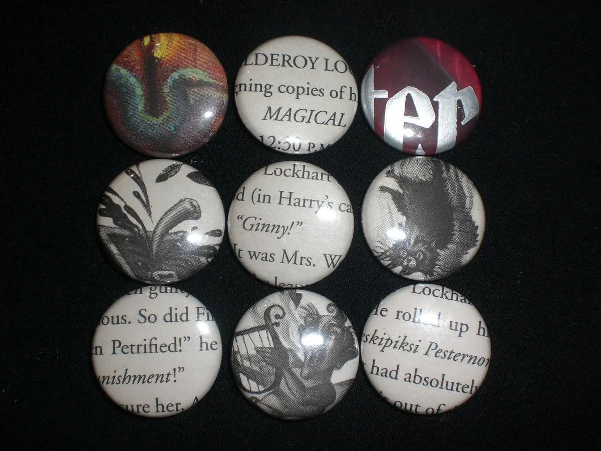 Nine 1" Upcycled Pinback Buttons Made From Assorted Books 1