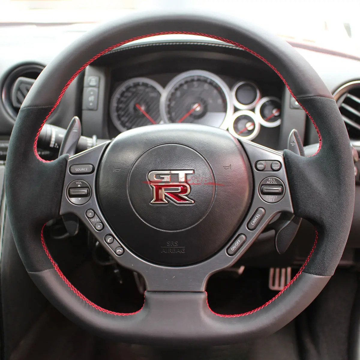 Tisso Premium Nappa Leather & Alcantara Steering Wheel (Red Stitching) Fits Nissan R35 Gtr 1